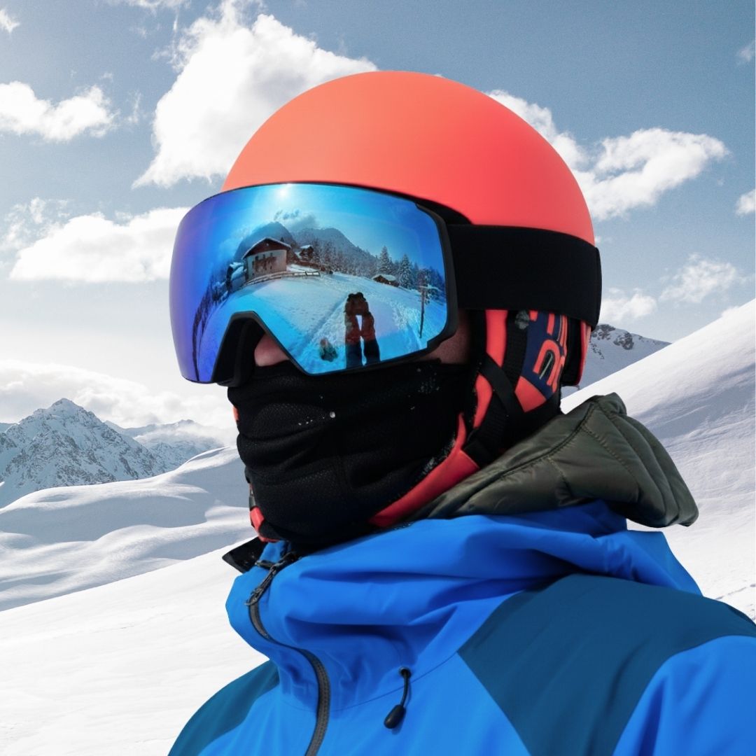 Livadora ARC Skibrille mit Magnetwechsel und Blue Ice Visier in Aktion Tragebild